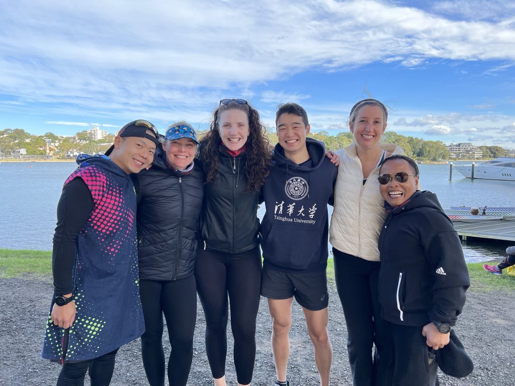From left to right: Eric Chams, Sophia Franke, Emily Mason, Oliver Yang, Jess Sharpe, and Trish Kane after the first Auroras dragon boat team selection camp in Sydney